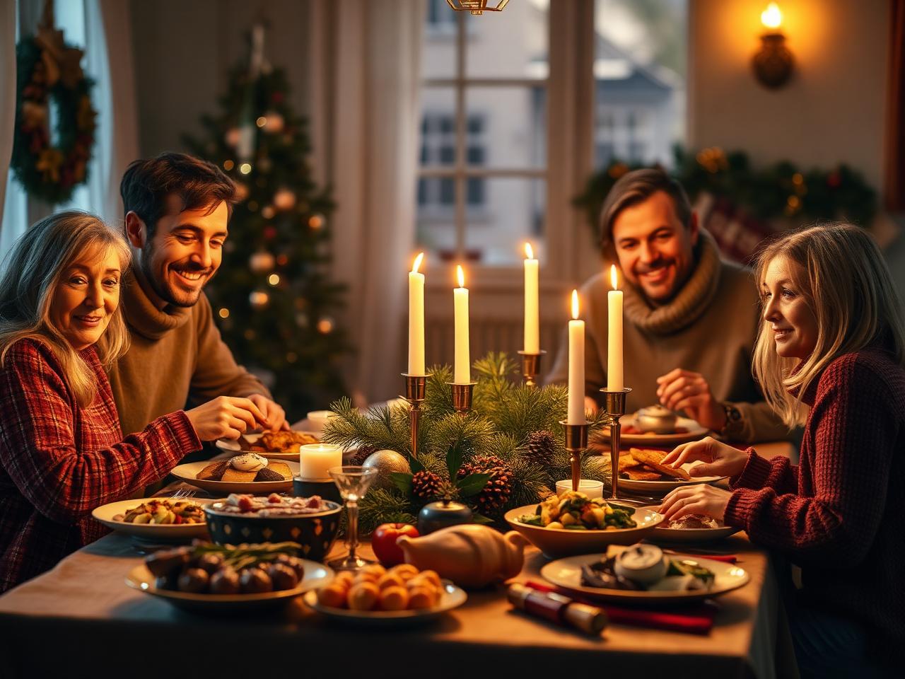 Vintage Christmas decorations and old photographs on a wooden table